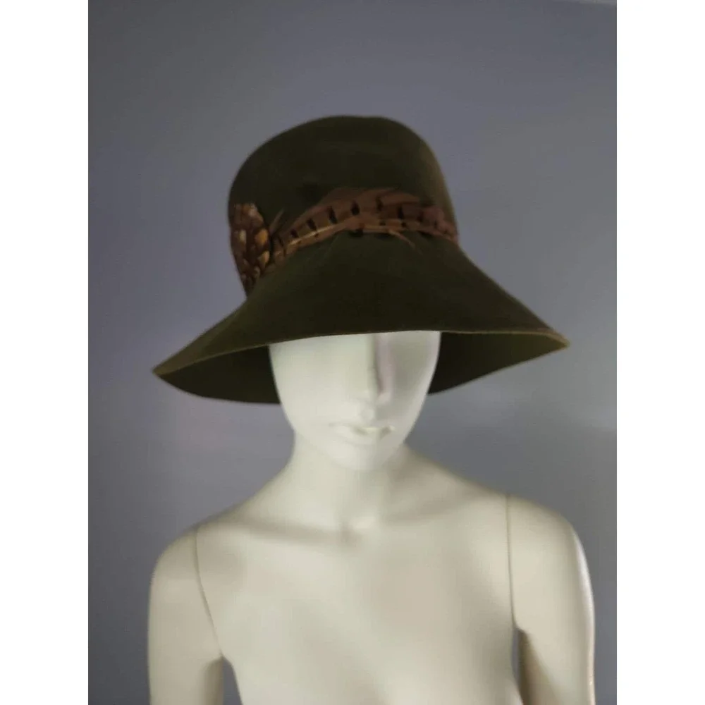 60s Vintage Pheasant feather Bucket Hat‎ ribbon Made In France Wool Felt